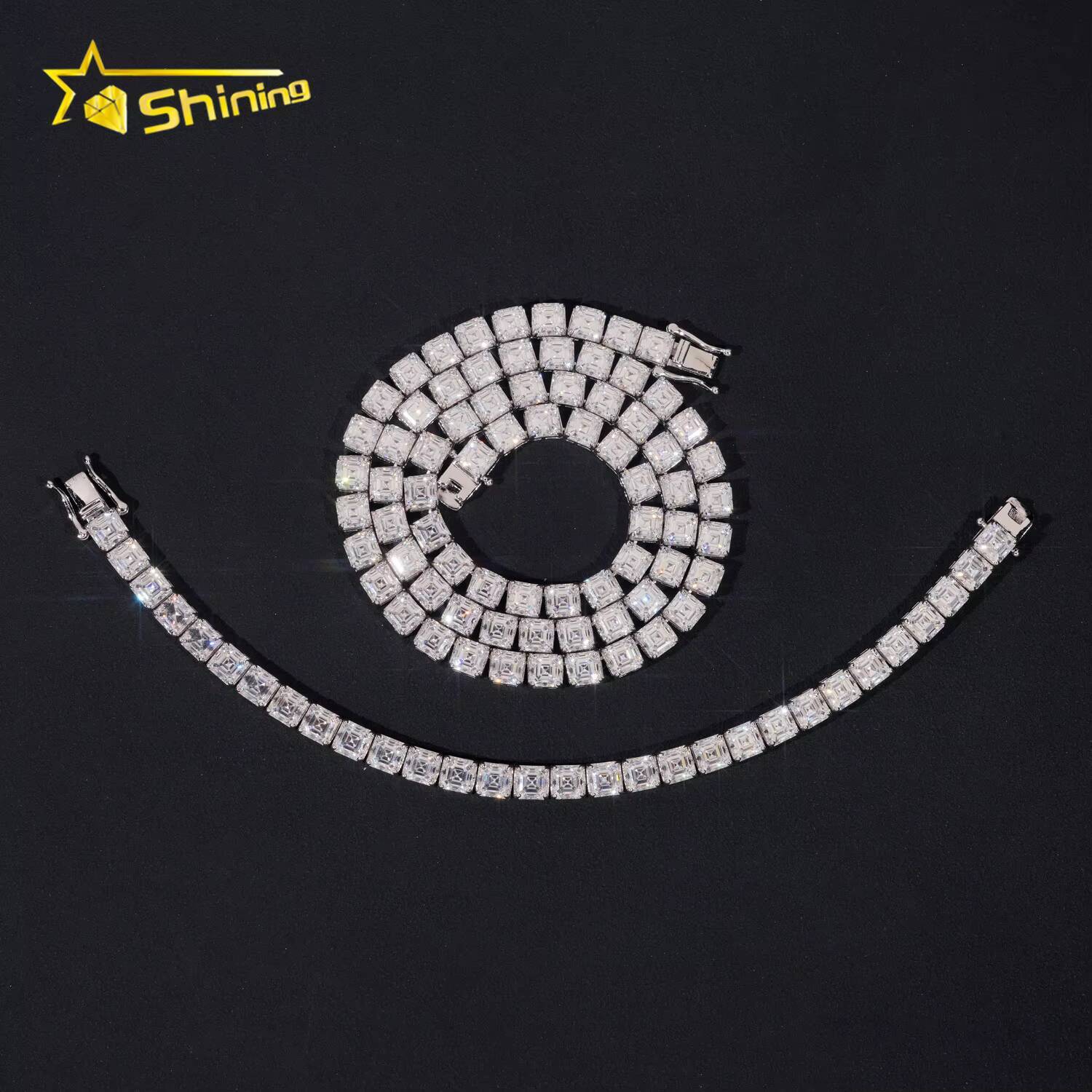 Gra Certified Hip Hop Jewelry 925 Sterling Silver Asscher Cut 55mm Necklace Iced Out Moissanite Diamond Tennis Chain Bracelet