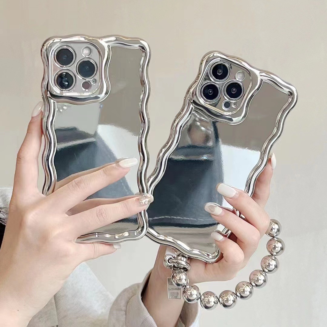 Electroplated Wave Mirror Phone Case iPhone 14/13 Pro Max Compatible with Apple 12 Bracelet Heart Stand Protective Case