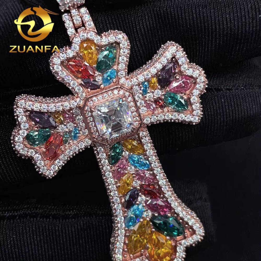 New Style RTS GRA Cert Pass Diamond Tester Solid 925 Silver Gold Plated Iced Out Colorful Fancy Moissanite Cross Hip Hop Pendant