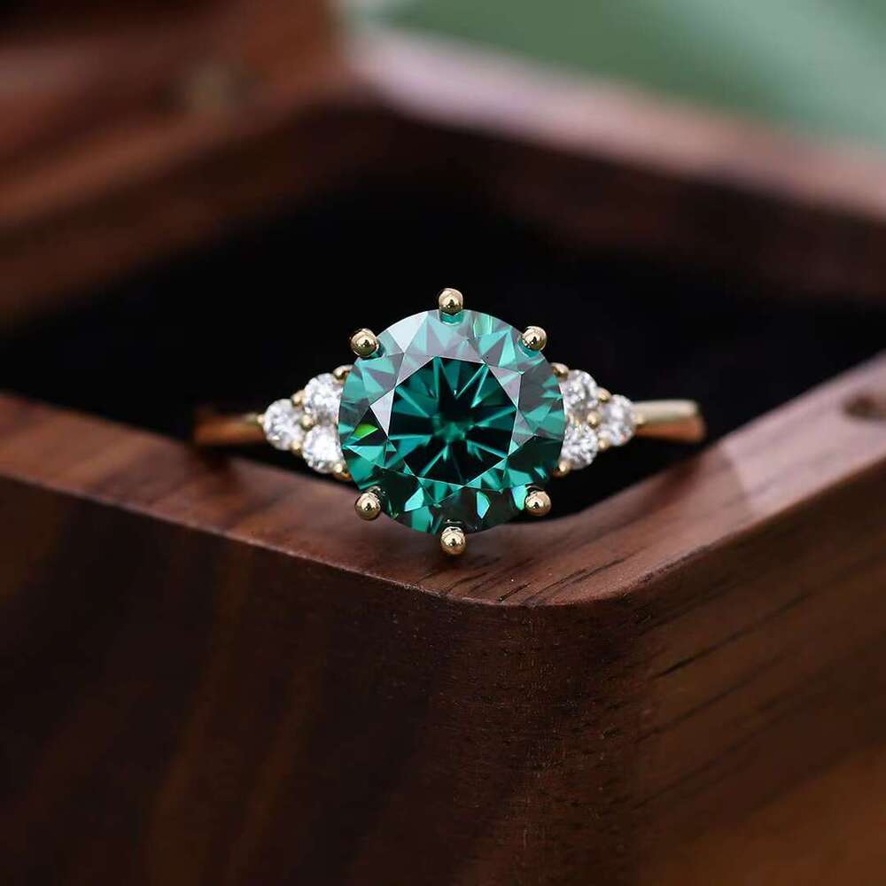 Round Brilliant Cut Green 14k Yellow Gold Support Custom Other Color Stones Moissanite Engagement Ring