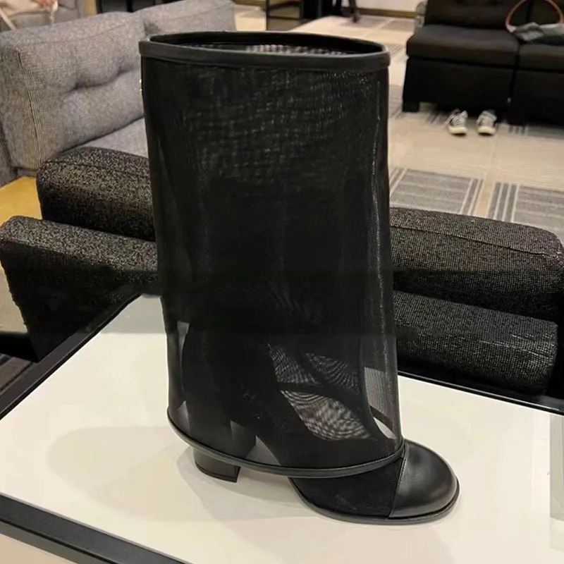 Mesh Round Toe Block Heel Mid-Calf Boots Woman Summer 2025 In Black Slip-On Summer High Heel Boot Female Shoes for Women 250428