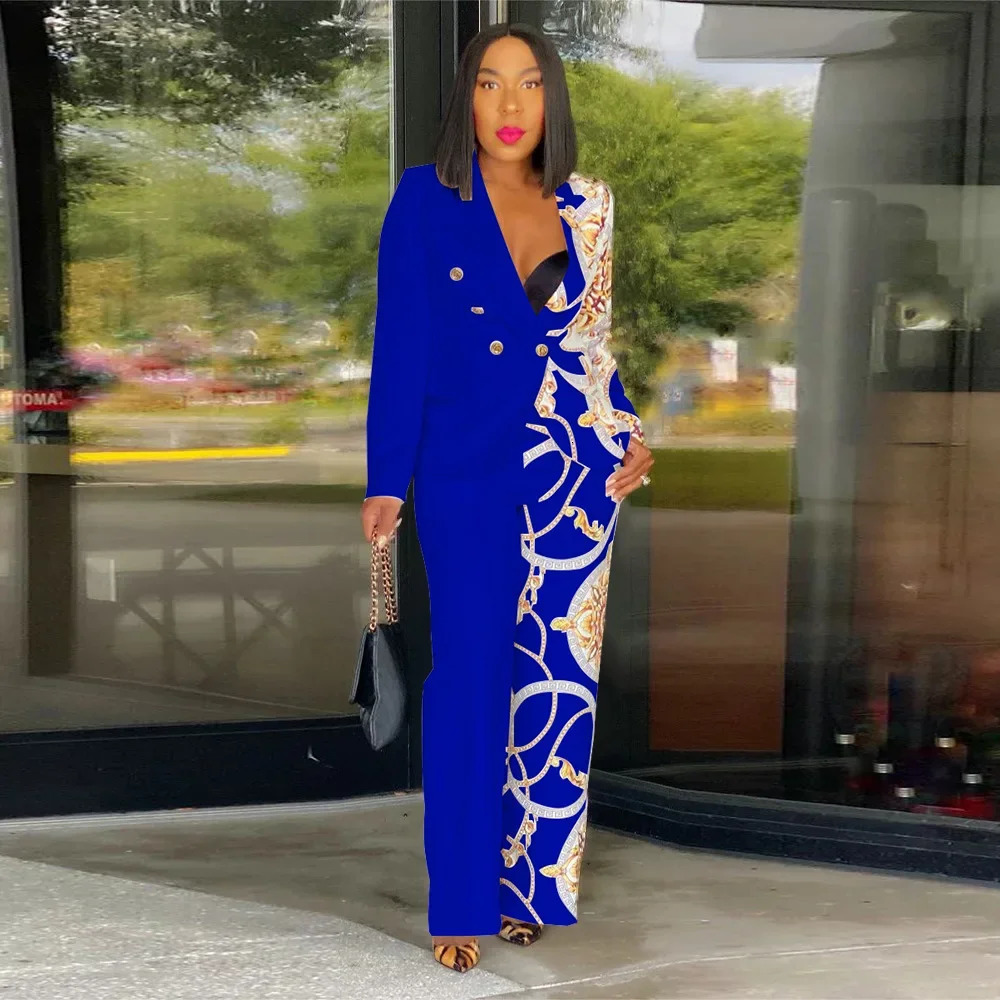 Printed womens set fashionable button up front jacket and wide leg pants autumn winter twopiece business 250530
