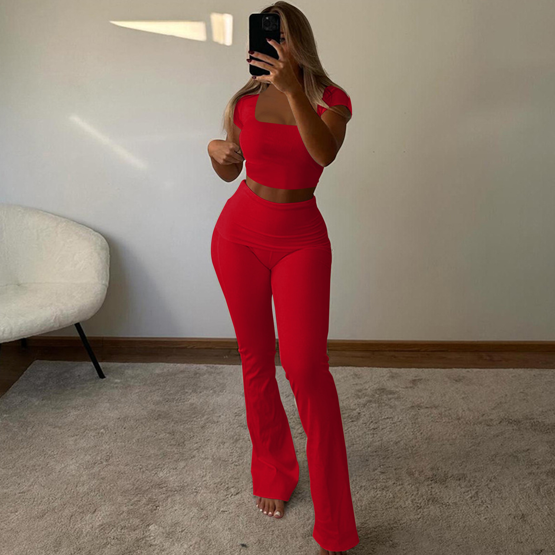 Womens Tracksuits Two Pieces Set 2025 Summer New Pit Stripe U Neck Short Sleeve Flipped Pants 5 Colors