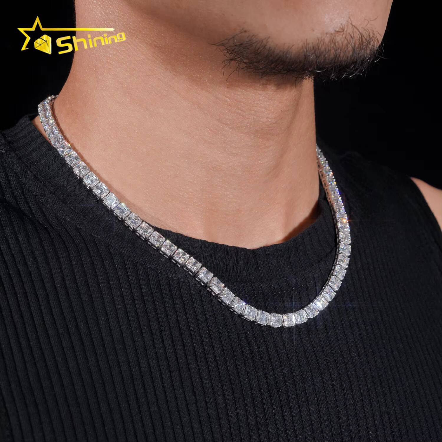 Gra Certified Hip Hop Jewelry 925 Sterling Silver Asscher Cut 55mm Necklace Iced Out Moissanite Diamond Tennis Chain Bracelet
