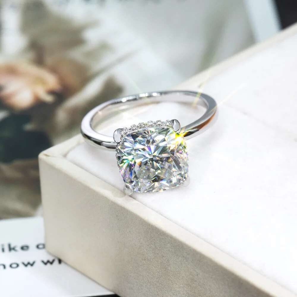 5CT Full Moissanite Diamond D Color VVS Cushion Cut Womens Ring S925 Sliver Plated White Gold Wedding Fine Rings for Women