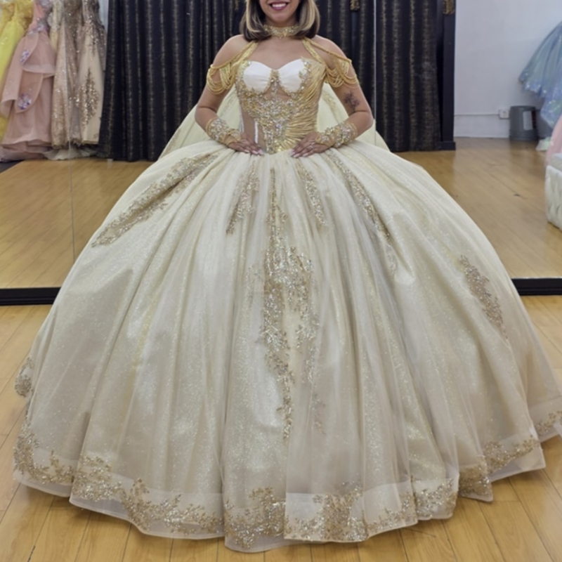 Champagne Shiny Princess Quinceanera Dresses Off Shoulder Applique Lace Beads Tull Sweet 16 Dress Ball Gown Vestidos 15 Anos