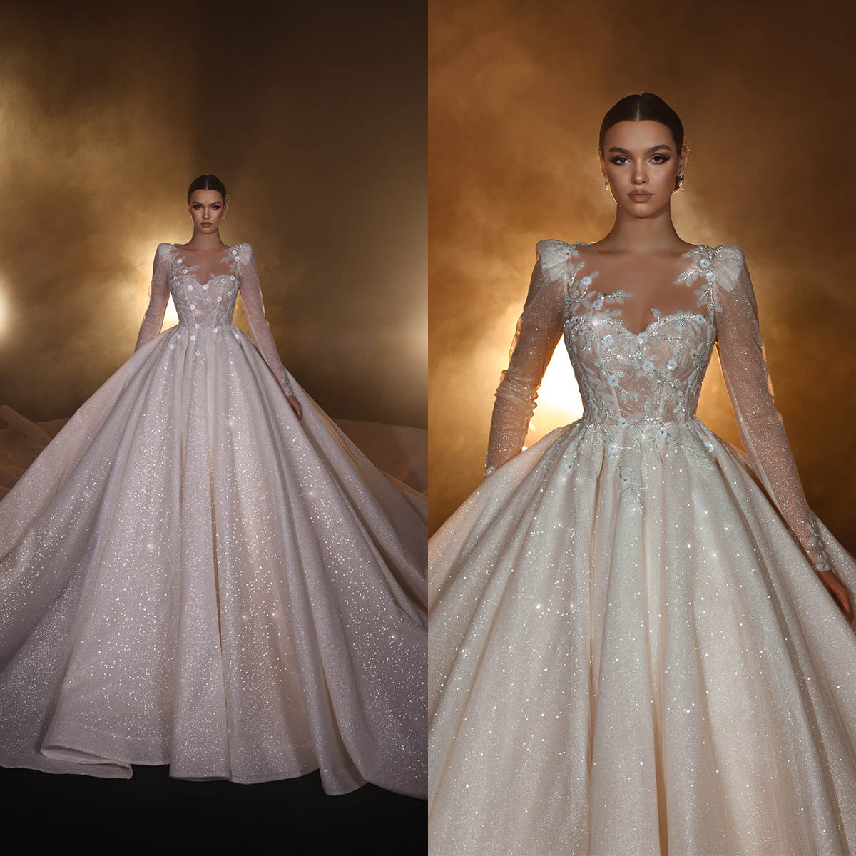 Illusion Ball Gown Wedding Dress Sheer Neck Long Sleeves Bridal Gowns Sequins Appliques Sweep Train Dresses Custom Made vestidos de novia