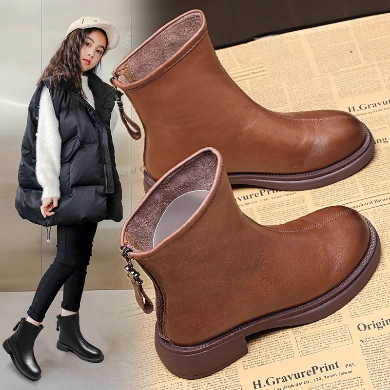 Designer shoes Autumn and Winter New Womens British Style Chelsea Soft Bottom Soft Leather Martin Boots Brown Plush Fashion Boots