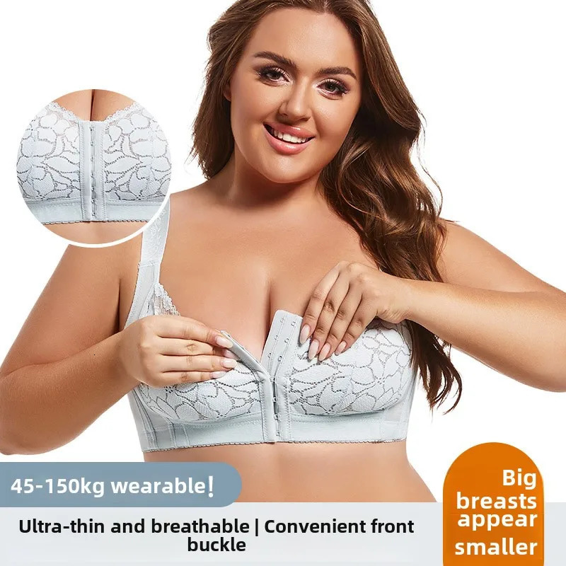Womens plus size lace underwear lightweight front buckle n adjustable lifting and anti sagging bra without steel ring 250430