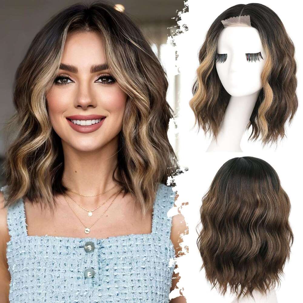 Eawwii Dark Brown Mixed Blonde Short Wavy Wig Women Lace Hairline Bob Style Synthetic Heat Resistant - Natural Appearance for Everyday Hairstyle 14 In