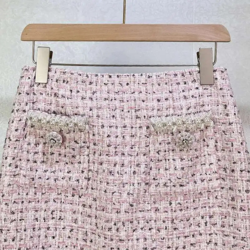 Summer Autumn Crystal Pearl Tweed Dress Set Women Summer Autumn Crop Top Jacket Midi Long Pencil Skirt Suit Office Outfit 251129
