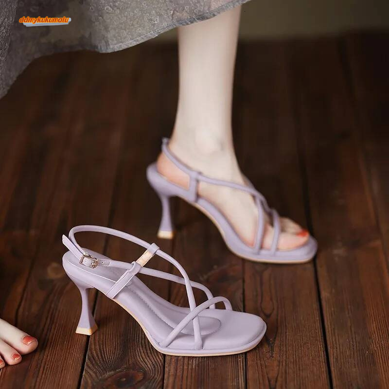 2025 Summer New Simple Square Headed Slim Strap Thick Heel Women, Straight Open Toe Sandals for Women ddmykukumalu