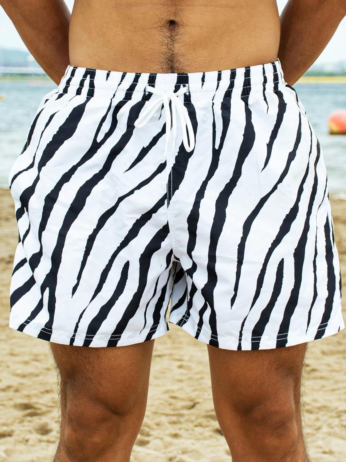Men's Zebra Stripe Drawstring Waist Swim Trunks Beach Shorts Sports Running Bathing Suits