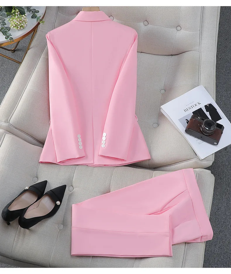 Pink womens suit jacket casual office pants set single chest 2piece graduation wedding dress 250530