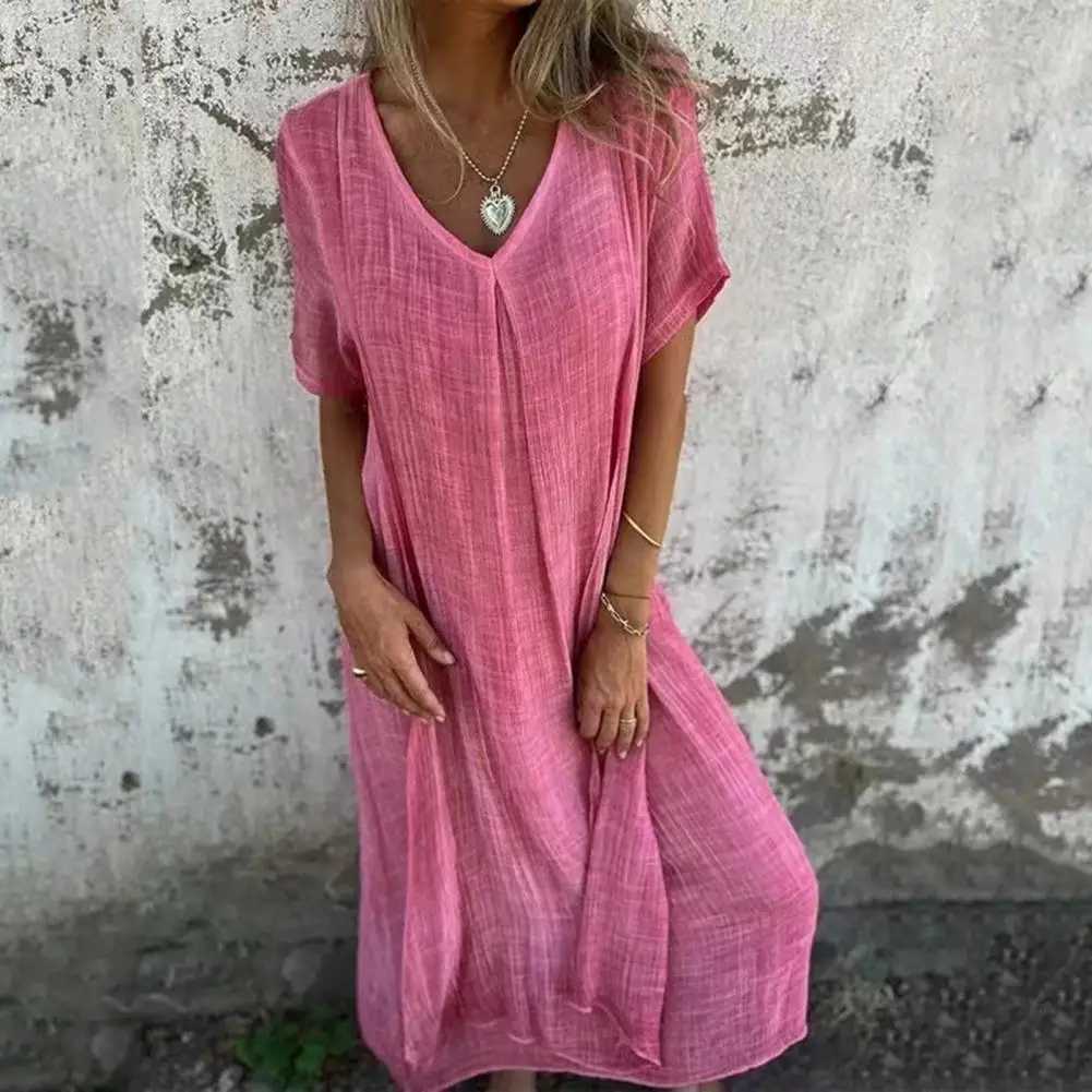 2024 Bohemian style cotton linen loose dress womens V-neck dress retro straight beach dress soft and breathable long dress W250430
