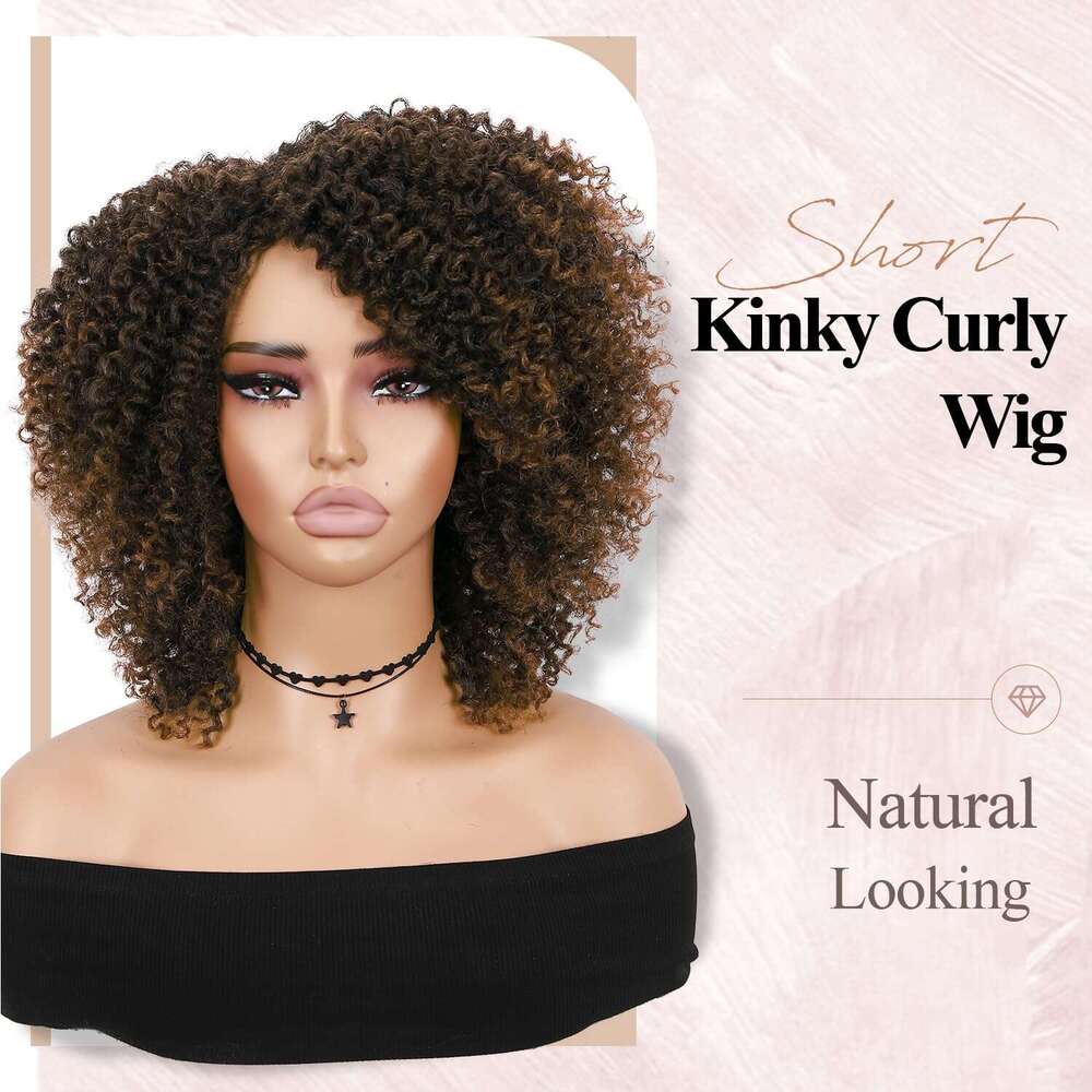 Hanne Fashion Short Kinky Ombre Brown Side Part Afro Curly Wig Twist Out Wigs Heat Resistant Fiber Synthetic Full Hair for Black Women (1B 30)