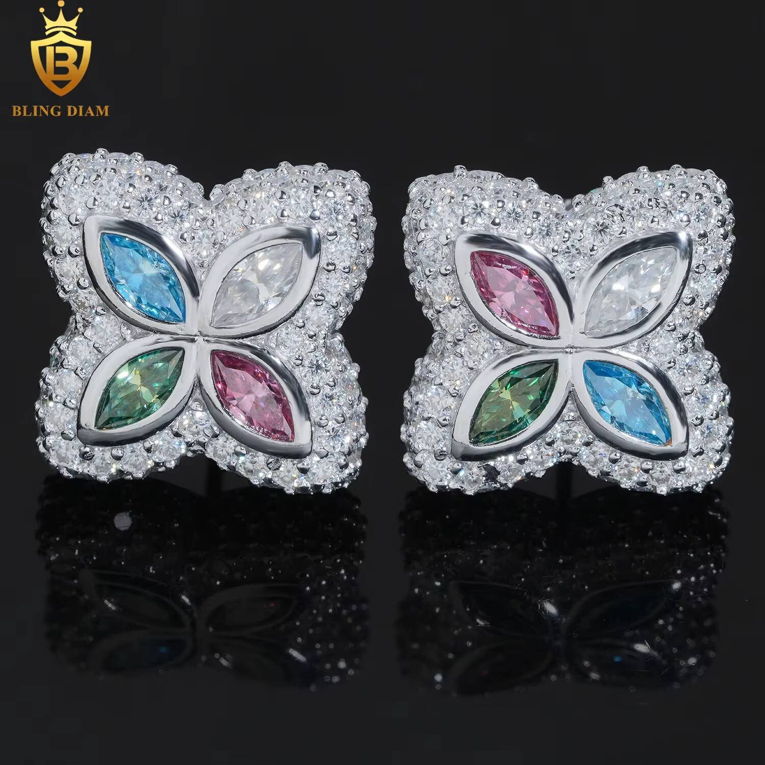 Fine Jewelry 925 Sterling Silver Vvs1 Moissanite Clover Stud Earrings Fashion Colorful Stone Marquise Cut