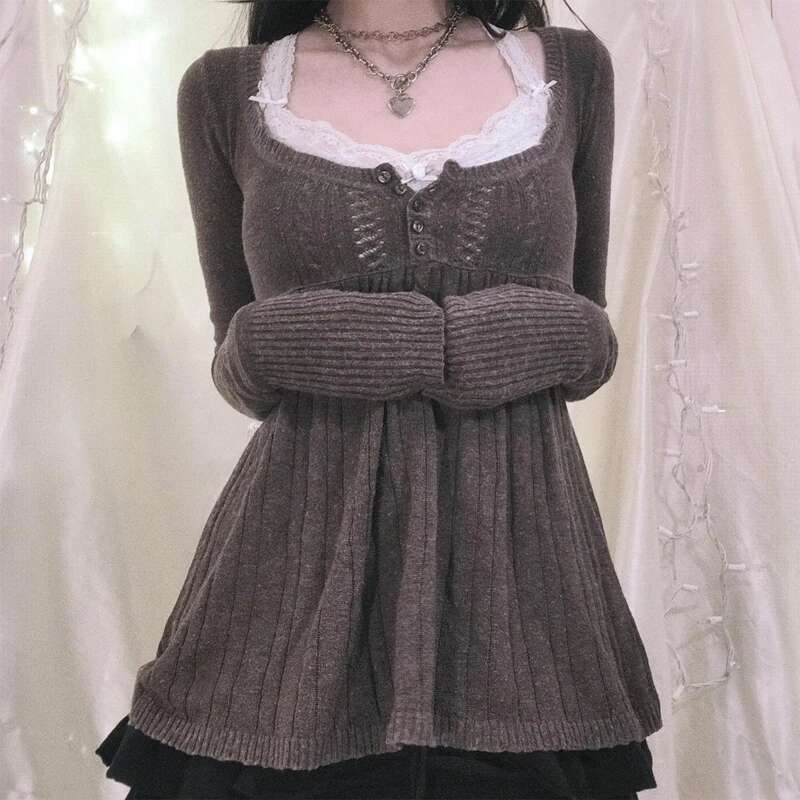 2000s Vintage Long Sleeve Babydoll Knitted Sweater Tops Cottage Milkmaid Pullovers Aesthetic Grunge Y2k Knitwear T-shirts Women fashion clothing women