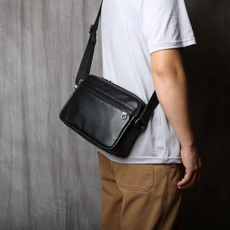 NZPJ Casual Leather Men Shoulder Natural Cowhide Messenger Bag Large Capacity Business Solid Color Backpack for 10-inch Ipad