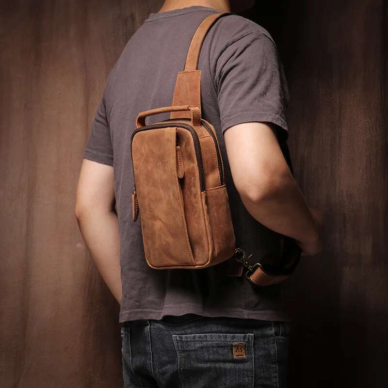 GURO Men's Higher Quality Chest Pack Vintage Genuine Leather Travel Sling Bag Male Satchel Crazy Horse Cowhide Crossbody