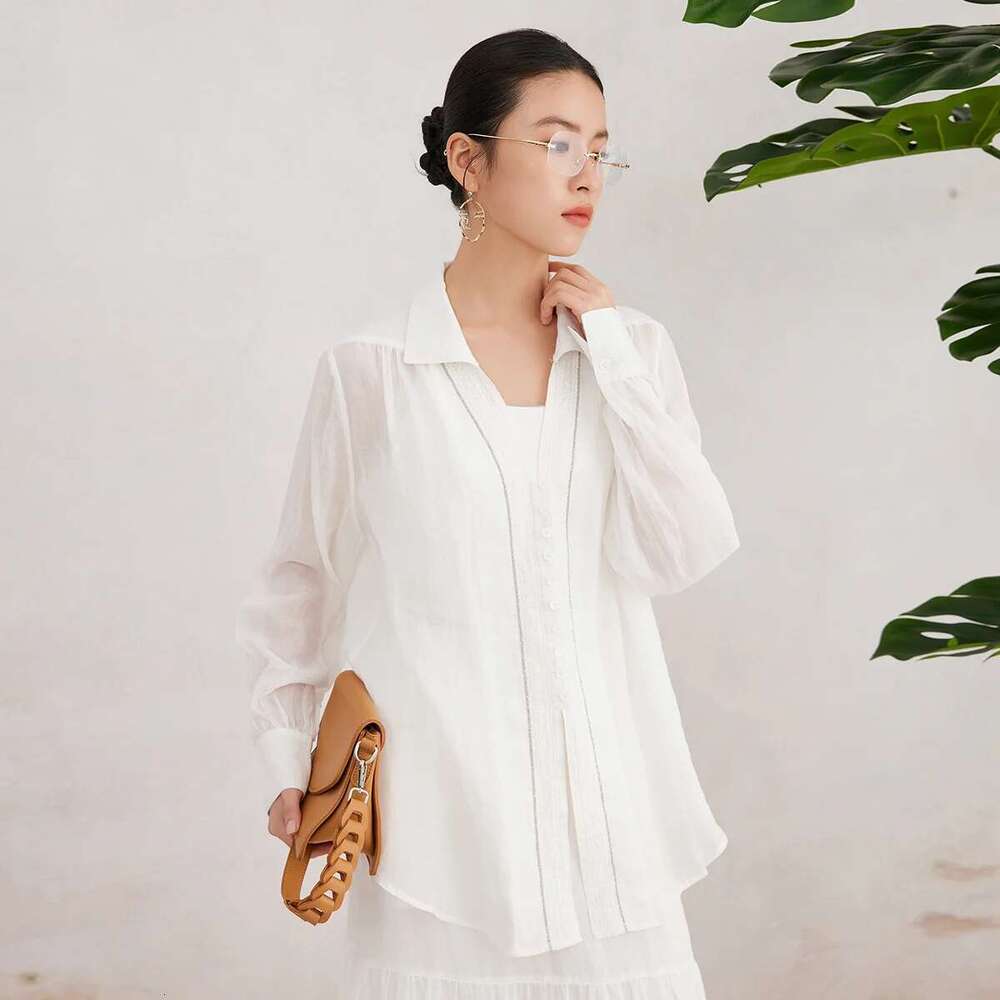K3089w Women's Clothing 100% Ramie Ladies Sping Summer White Blouse Translucent Breathable And Comfortable