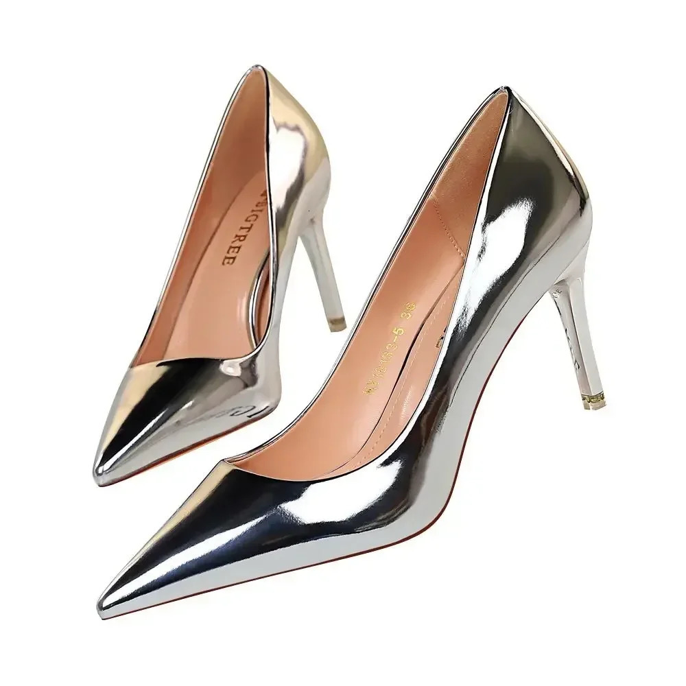 BIGTREE Summer Womens Pumps Sexy Champagne Grain Patent Leather Pointed High Heels Stiletto Femme Party Mules Shoes 251125