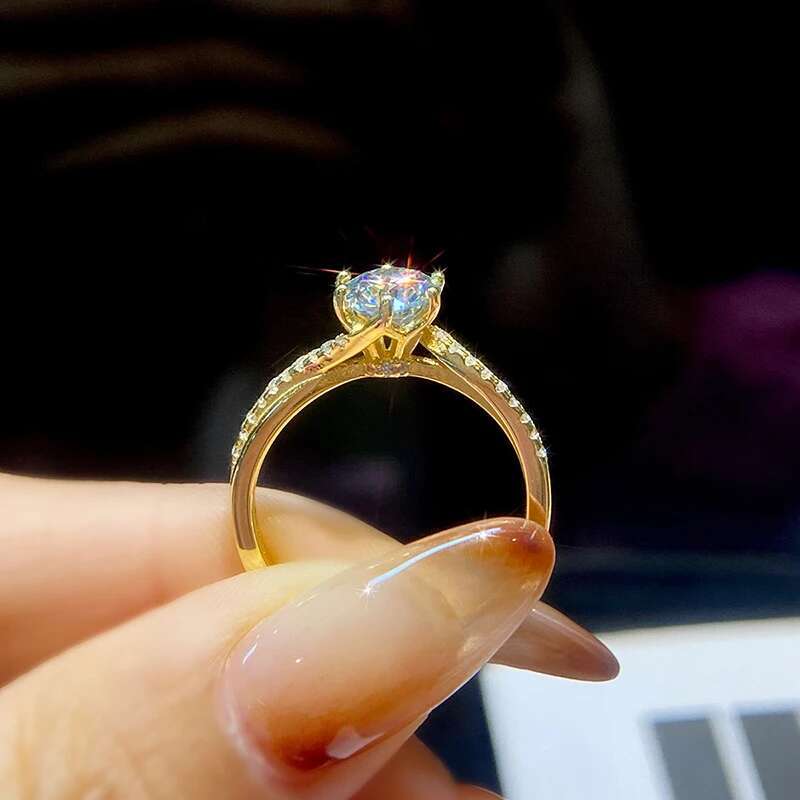 KNB 1CT Moissanite Diamond Gold Hexagonal Round White Stone Rings for Women Wedding Real 925 Sterling Silver Luxury Fine Jewelry