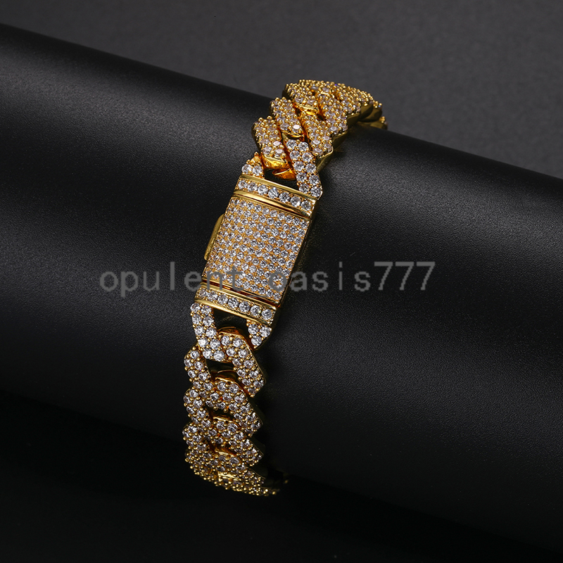 New Arrival Bileklik Hip Hop Jewelry Fashion Anklet 15mm Gold Plated Copper 2 Rows moissanite Stone Miami Cuban Link Chain Bracelet