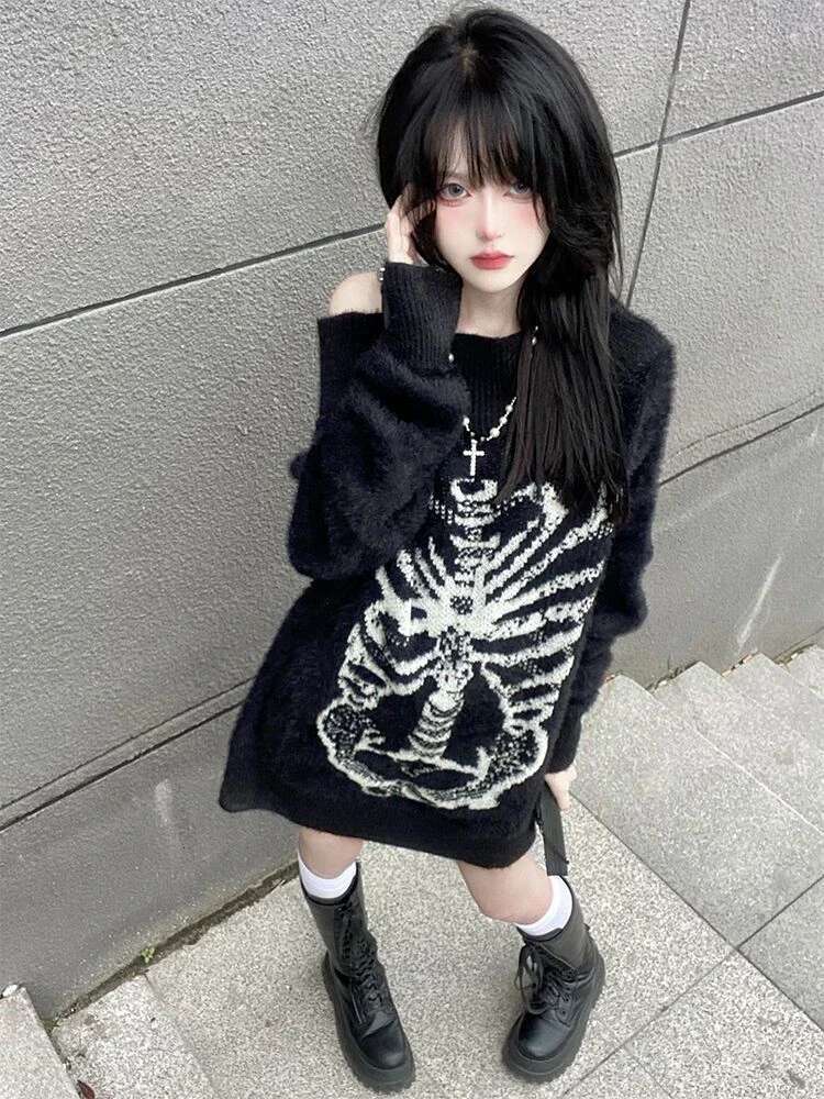 KOSAHIKI Grunge Sweater Fashion Streetwear Y2k Aesthetic Blackpullover Skull Print Gothc Women Jumper Haruku Loose Knitwear fashion clothing women