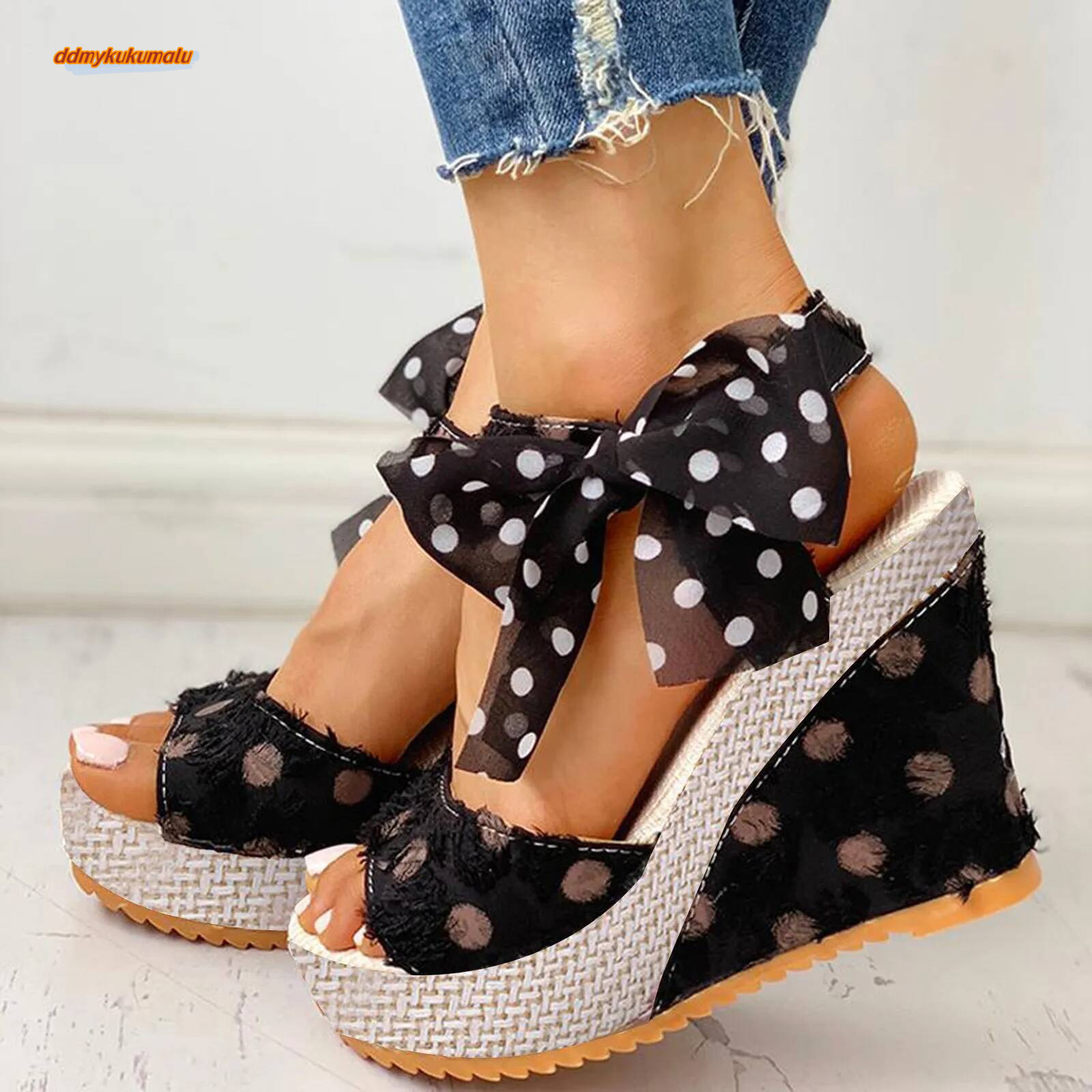 2025 Women Polka Dot Lace Up Bowknot Casual Open Toe Wedges Summer Sandals Party Platform High Heels Shoes ddmykukumalu