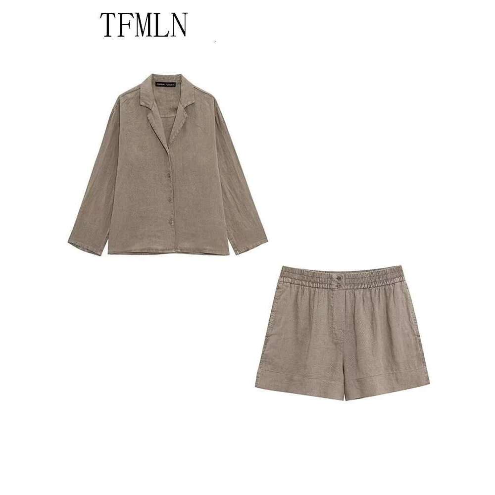 TFMLN 2025 Casual Women Solids Blouse Set Summer Loose Long Sleeve Single Breasted Top Elastic Waist Short Fashion Outfits