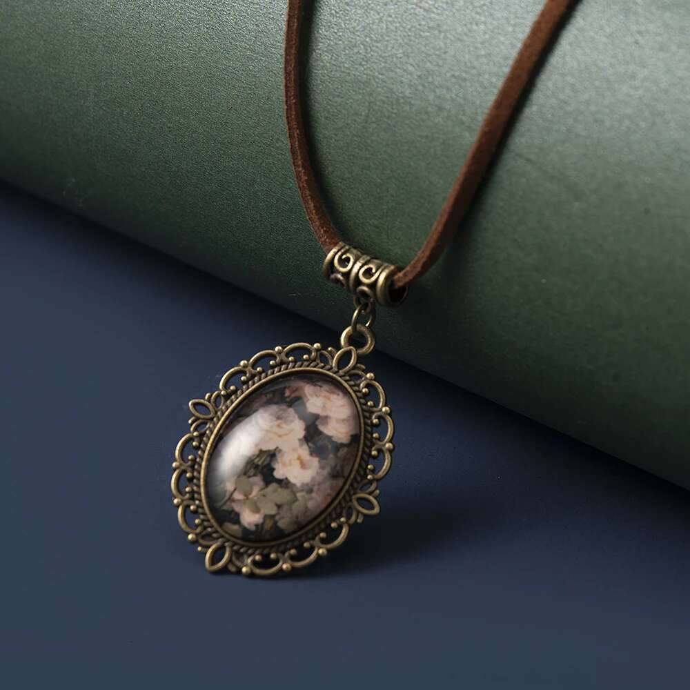 Vintange White Rose Flowers Time Gem Pendant Leather Rope Chain Necklace Women Fashion Jewelry Sx-25