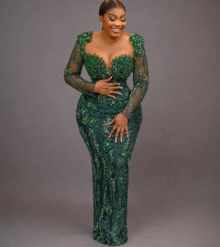 Aso Ebi Dark Green Mermaid Prom Dress Crystals Beaded Lace Evening Formal Party Second Reception 50Th Birthday Engagement Gowns Dresses Robe De Soiree