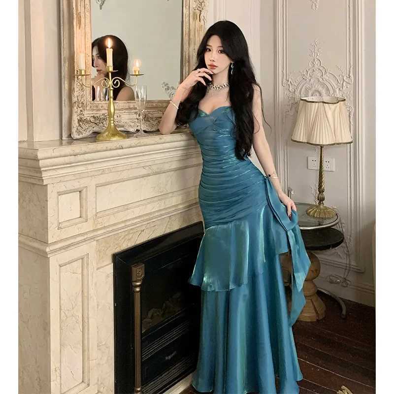 Blue Mermaid Goddess long dress chest cushion strapless dress birthday party coming of age ceremony intimate friend gathering W250430