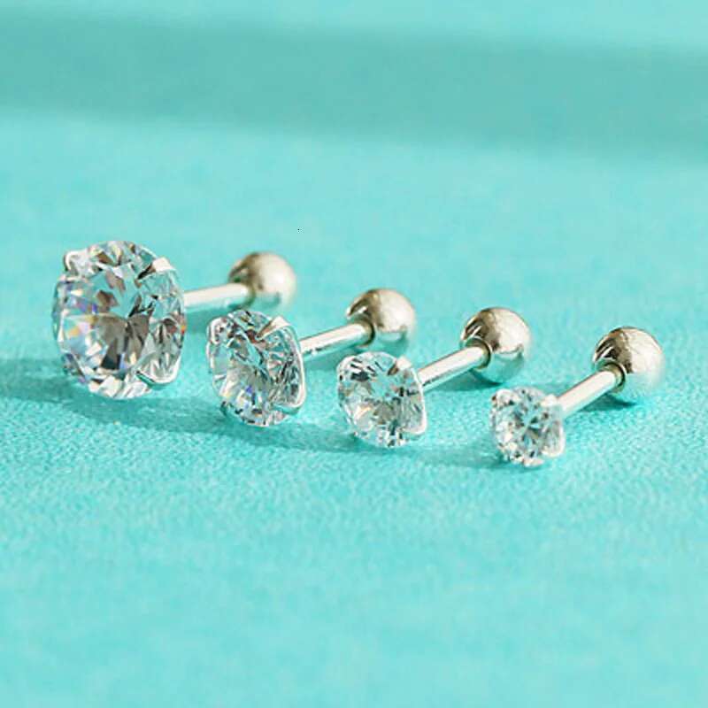 1Pair Sterling Sier Bead Screw Stud Earrings For Women Men Simple 3-6Mm Round Cubic Zirconia Ear Body Piercing Jewelry