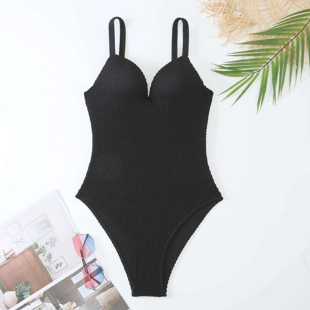 New Russian style popular one-piece European and American fashionable sexy women's small pit stripe solid color hard pack swimsuit, 2025 new casu