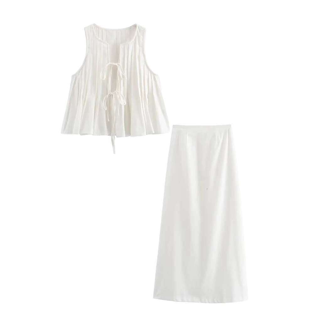 TRAF Women's Pleated Design Tie Sleeveless Vest + High Waist Two Piece Casual Fashion Half-Body Skirt Set