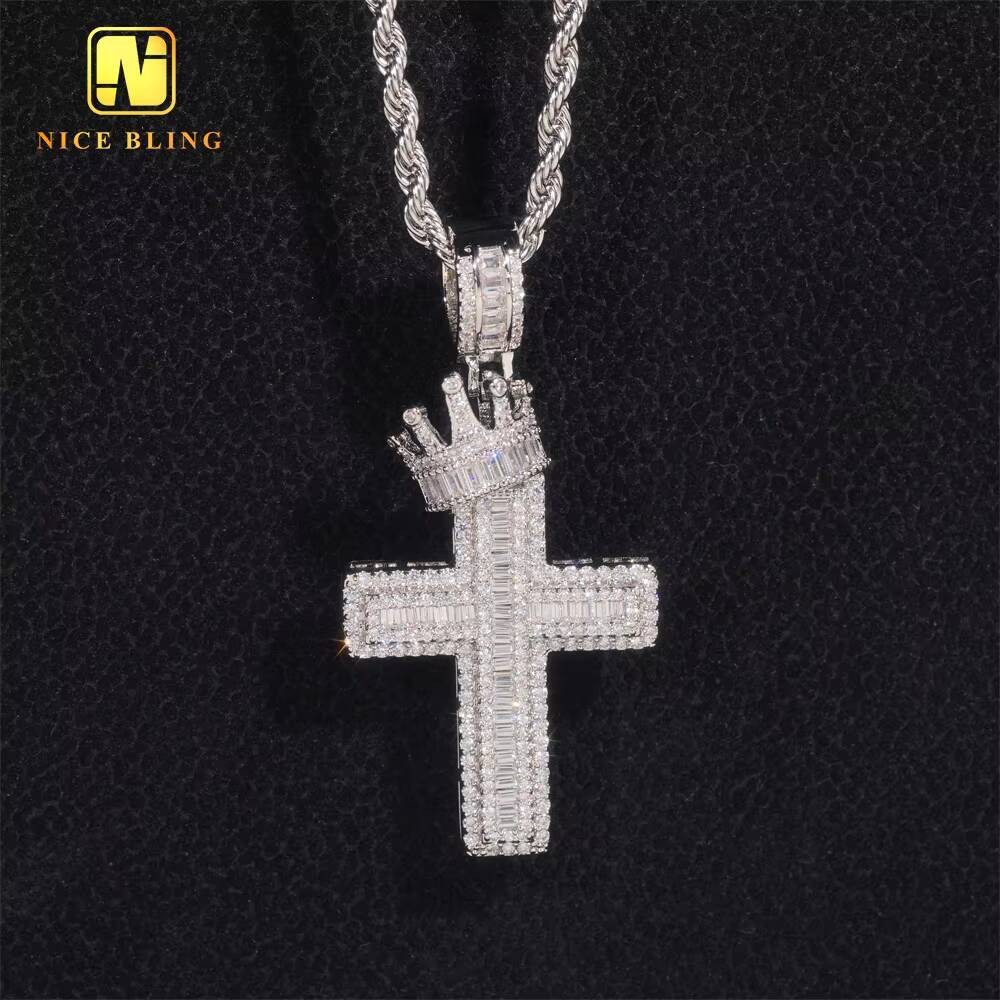 NEW ARRIVAL Crown Cross Pendant Baguette Moissanite Hip Hop Pendant Jewelry Moissanite Pendant