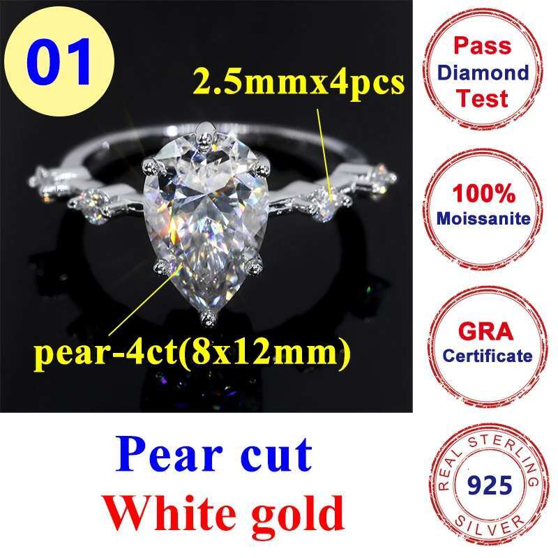 4CT Full Moissanite Diamond D Color VVS Pear Cut Womens Ring S925 Sterling Sliver Plated White Gold Wedding Rings for Women