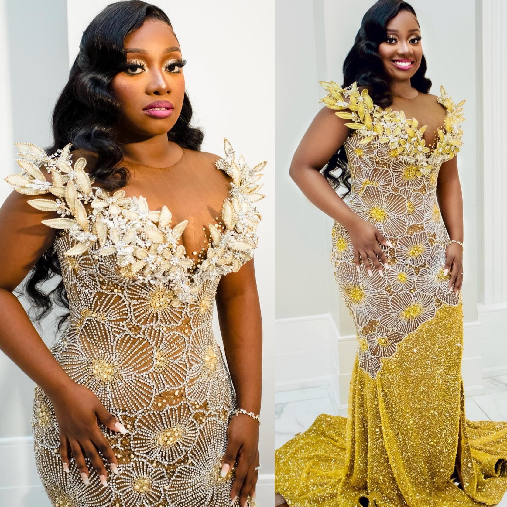 Mermaid Yellow Plus Size Prom Dresses 2025 Florals Crystals Illusion Sequined Evening Formal Party Second Birthday Engagement Gowns Dress For Special 
