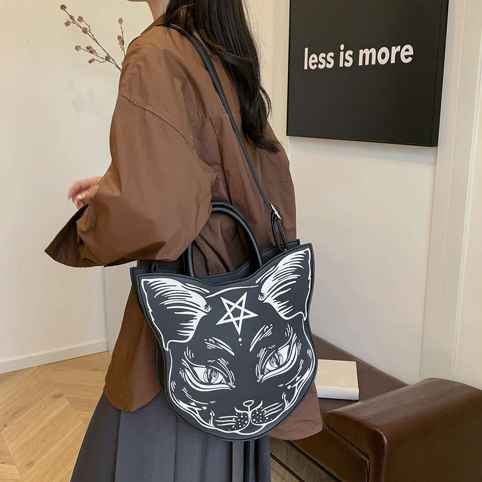 Haruku Dark Straddle Fashion Trend Hold Bag Punk Style Cat Face Halloween Handbag For Ladies