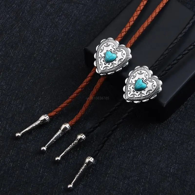 Elegant Bolo Tie with Heart Pendant Carved Necktie Western Necklace Cool Bolo Tie Western Cowboy Costume 250430