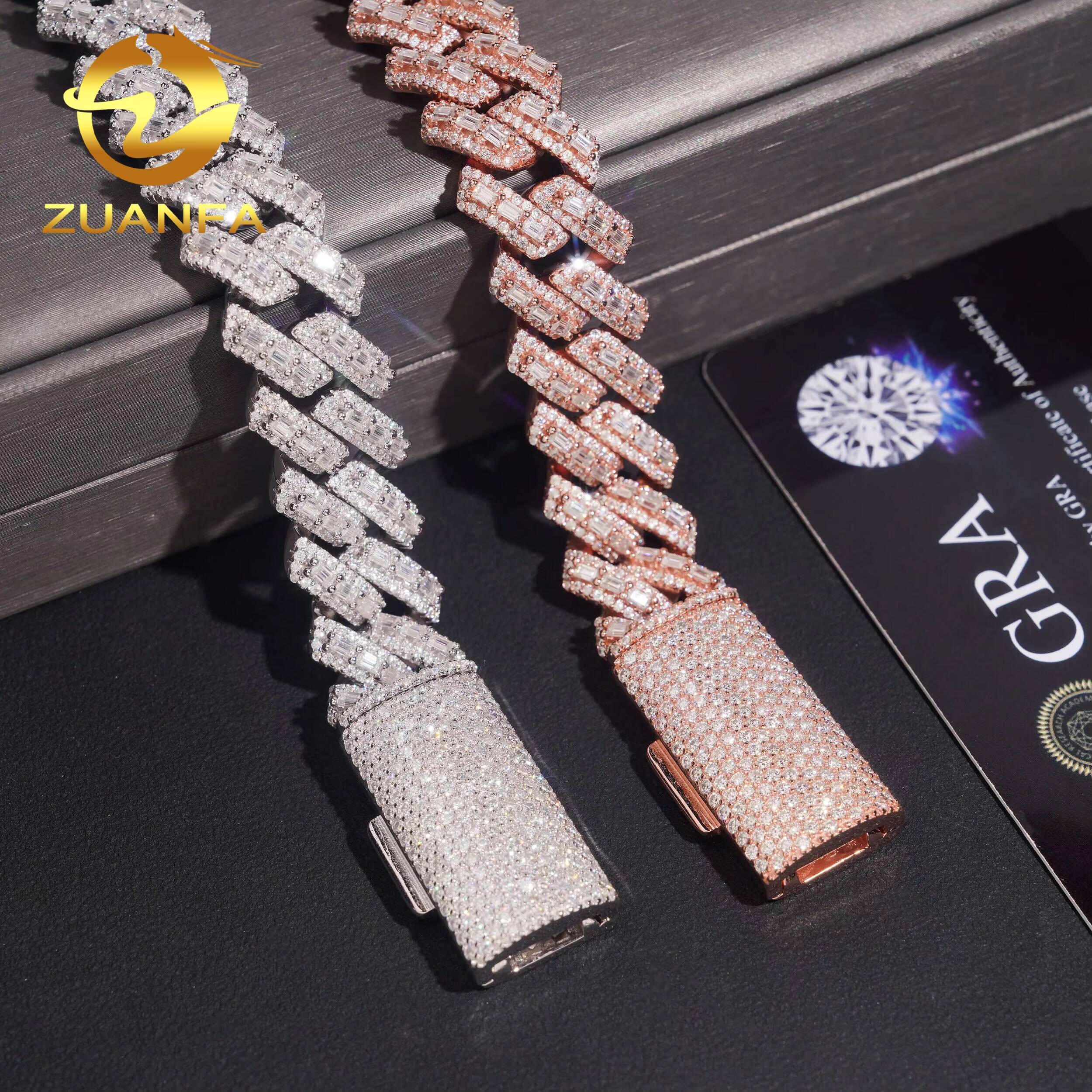 Luxury Top Quality 925 Sterling Silver Hip Hop 16mm Baguette Men Rose Gold Moissanite Cuban Link Bracelet