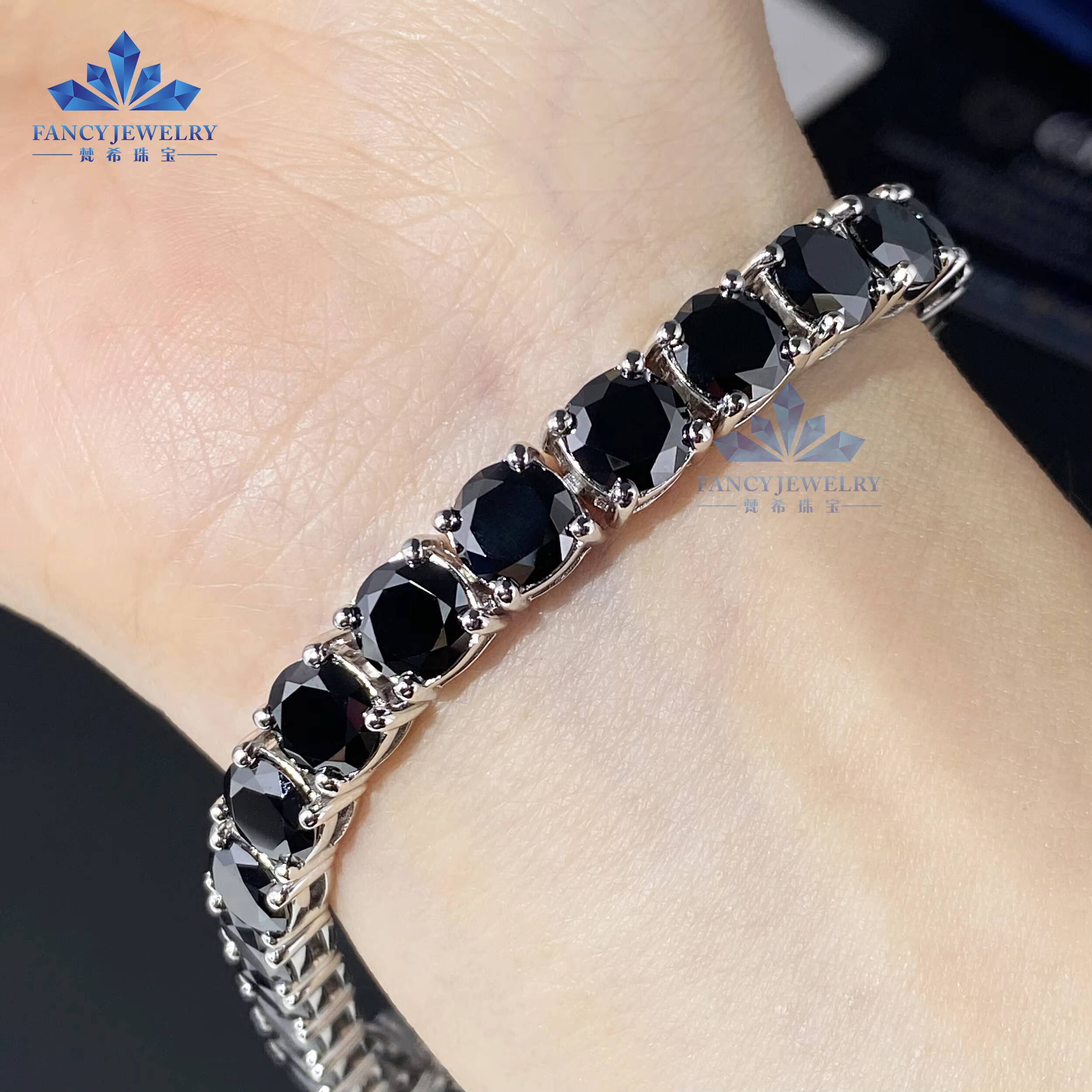 Hiphop Style S925 Tennis Chain Bracelet and Necklace Round Cut Black Color Moissanite Diamond Certified by GRA