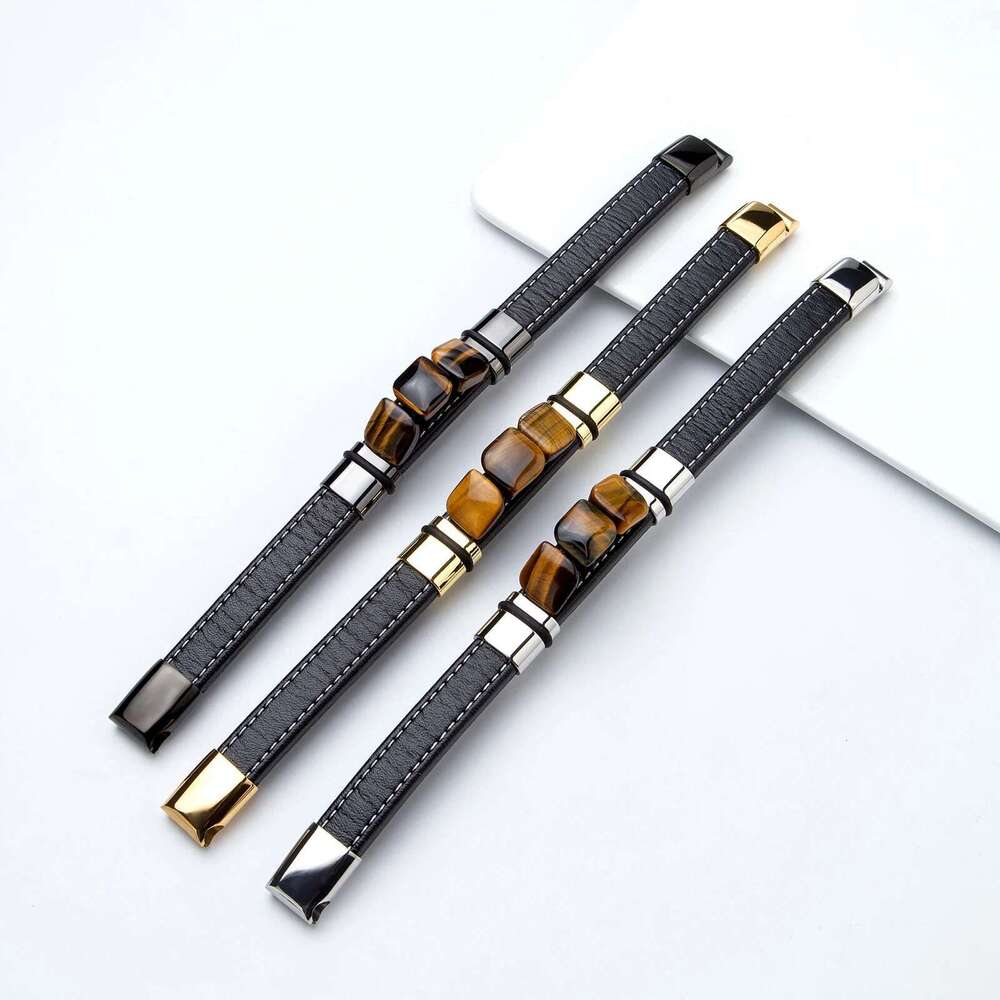 New Multi Color 3 Square Natural Old Tiger Eye Vintage Charm Wide Leather Rope Men's Stainless Steel Bracelet Jewelry