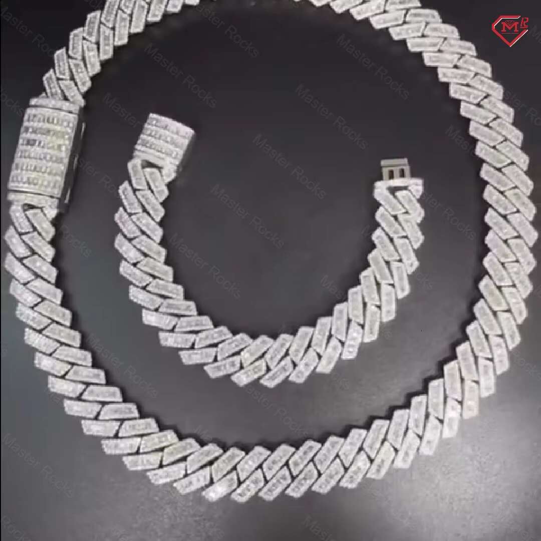 Hiphop Cuban Chain 20mm VVS Round and Baguette Cut Iced Out 925 Sterling Silver Moissanite Cuban Link Chain