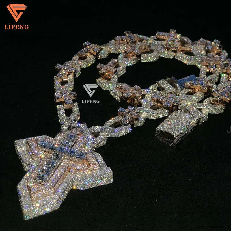 Lifeng Bust Down VVS Moissanite Two Tone Cross Pendant Hiphop Sterling Silver Diamond Charm Necklace Jewelry Set eb