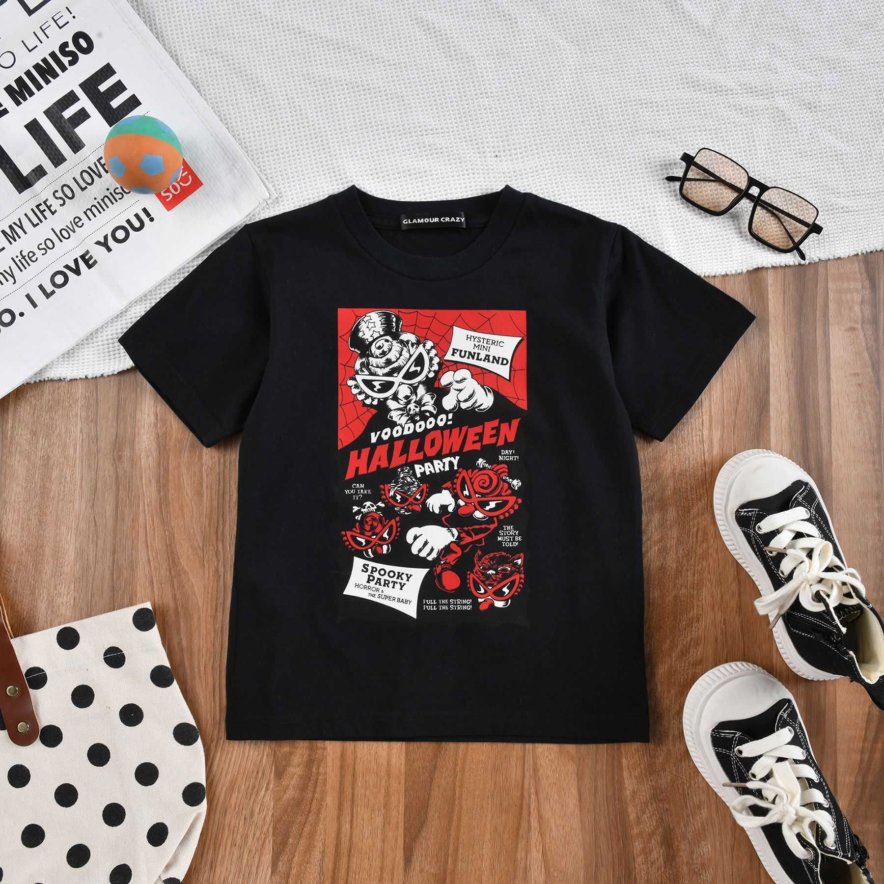 Black Super Vintage Boys and Girls Cartoon Trendy Tshirt with Pull Out Printing and Washing Japanese Style Childrens Clothing High Quality Top for Chi