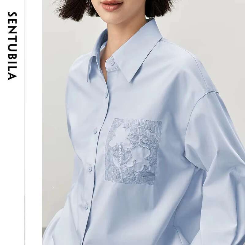 SENTUBILA Embroidery Cotton Women Shirt 2025 Spring Autumn Loose Fit Drop Long Sleeve Simple Commute Shirts & Blouses 143C56224