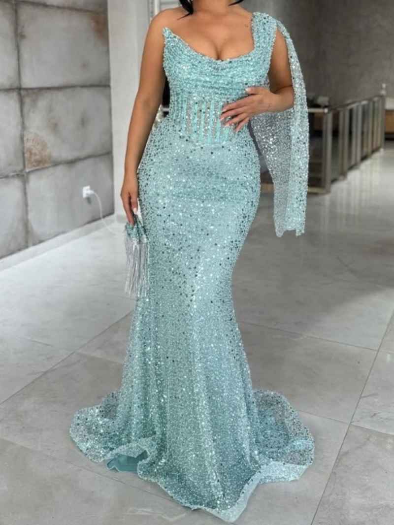 Sexy Sequined Prom Dresses Pleats One Shoulder Beading Birthday Party Dress Backless Homecoming Cocktail Evening Gowns Customized